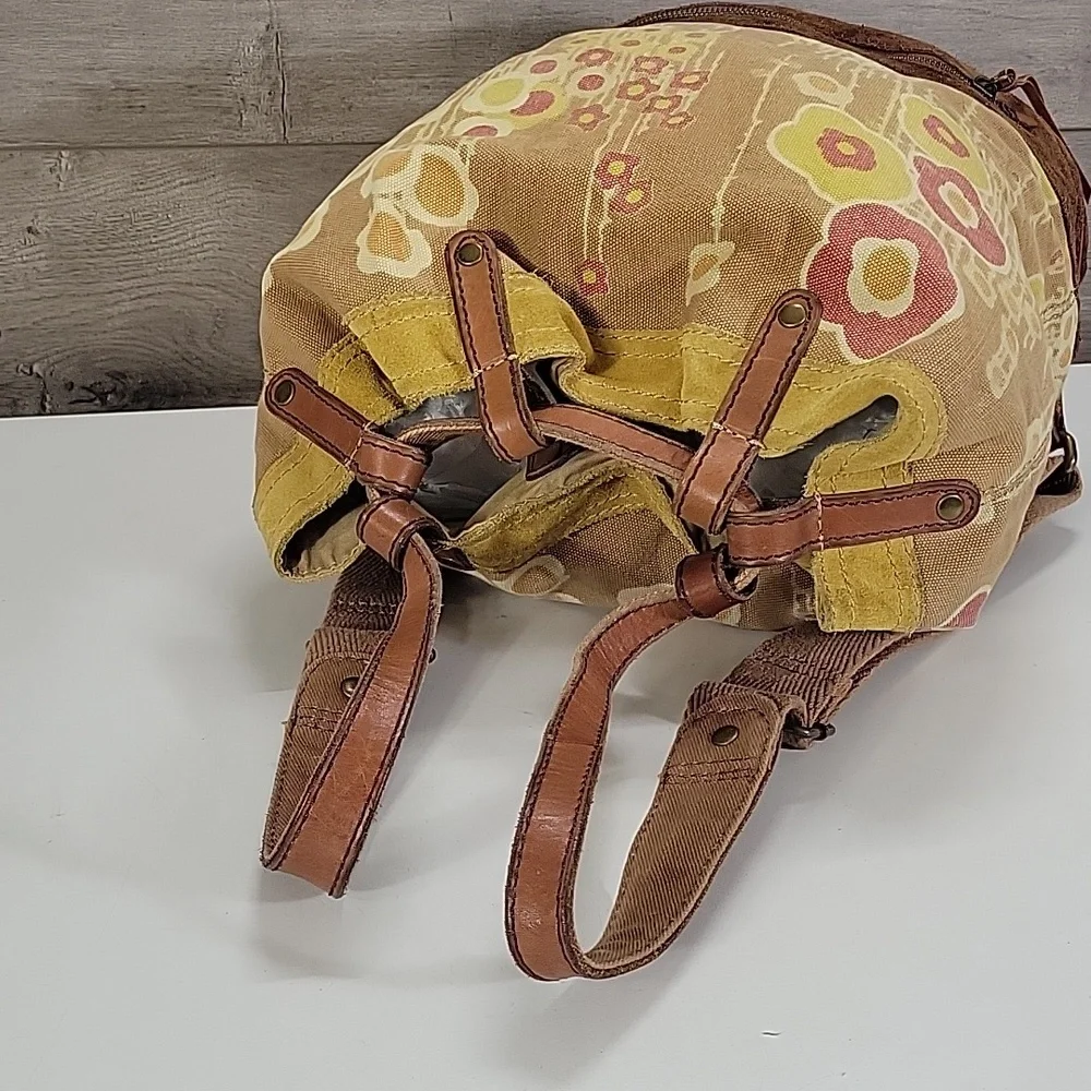 Lucky Brand Canvas/Leather Floral Drawstring Backpack - Yellow/Pink